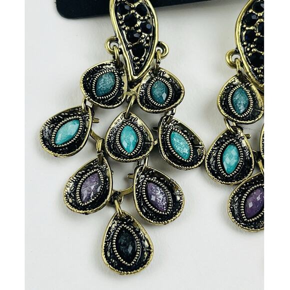 Pier 1 Peacock Dangle Earrings Brass tone Green Purple Blue Feathers Bird Cluste - Picture 3 of 10